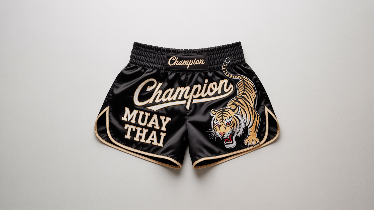 A product mockup of a pair of black satin Muay Thai shorts with gold trim, featuring an embroidered golden tiger and the words 'MUAY THAI' and 'CHAMPION', laid flat on a white background.