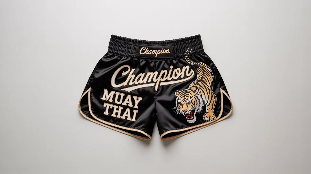 A product mockup of a pair of black satin Muay Thai shorts with gold trim, featuring an embroidered golden tiger and the words 'MUAY THAI' and 'CHAMPION', laid flat on a white background.