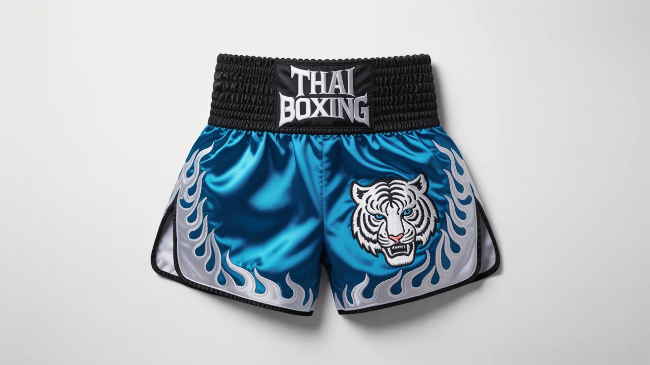 A product mockup of a pair of electric blue Muay Thai shorts with a white tiger design on one leg and 'THAI BOXING' written in silver on the waistband, laid flat on a white background.