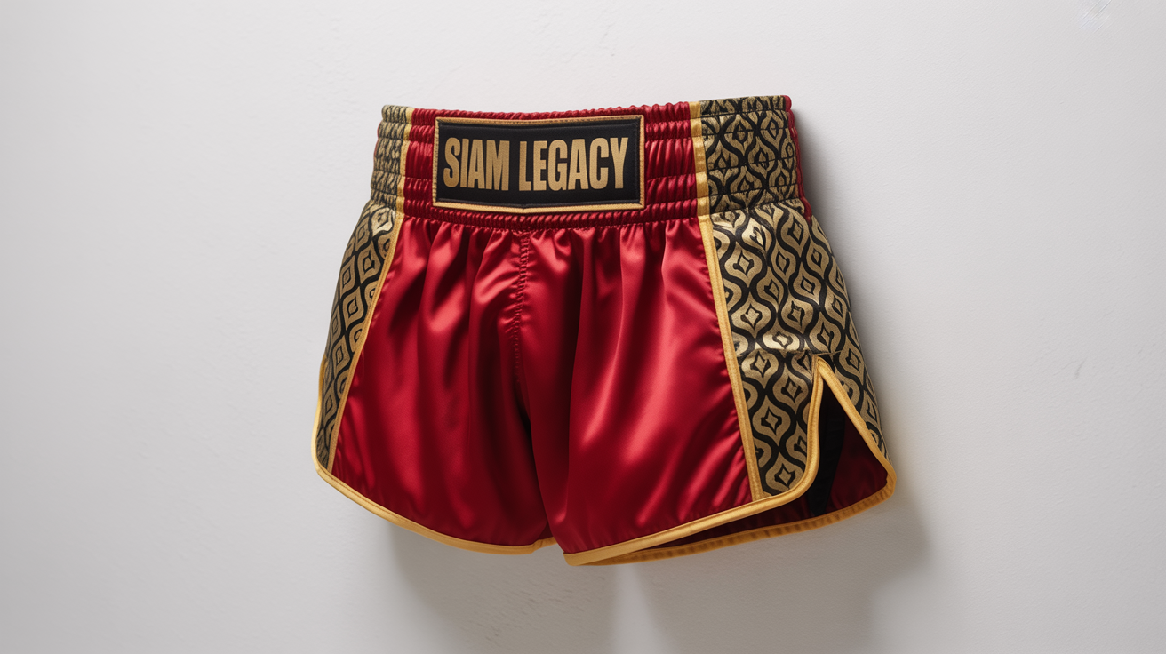 A product mockup of red and gold Muay Thai shorts with 'SIAM LEGACY' written in gold on the black waistband, presented in a flat lay style on a white background.