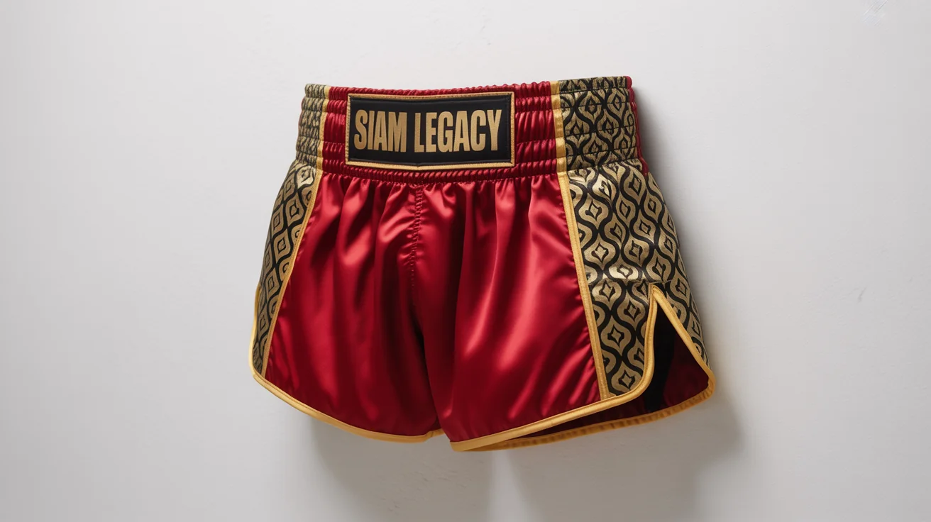 A product mockup of red and gold Muay Thai shorts with 'SIAM LEGACY' written in gold on the black waistband, presented in a flat lay style on a white background.