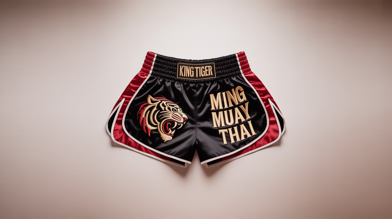 A professional product mockup of custom black Muay Thai shorts featuring an embroidered roaring tiger and the words 'KING TIGER' and 'MUAY THAI' on a white background.