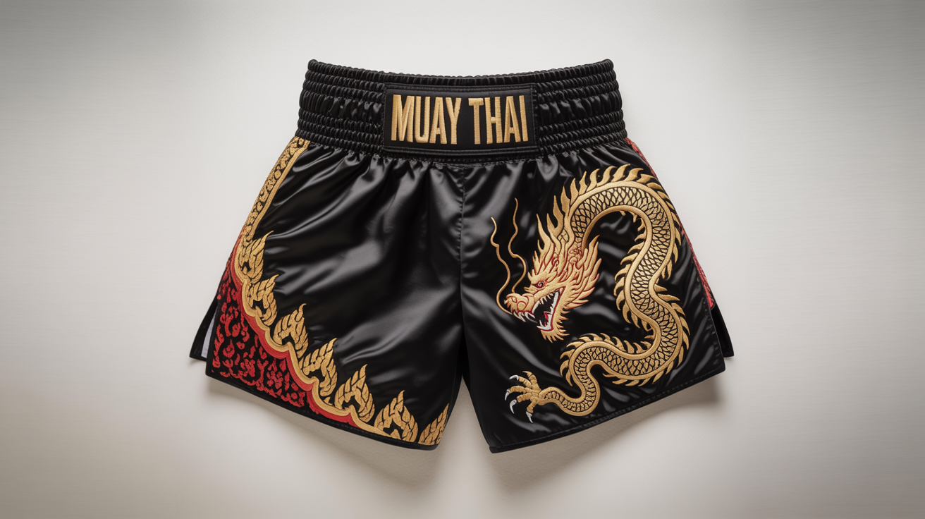 A pair of high-quality black satin Muay Thai shorts featuring a golden dragon embroidery on one leg and traditional red and gold patterns on the other, laid flat on a white background.
