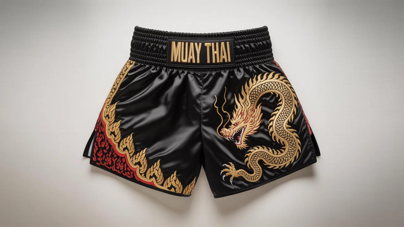 A pair of high-quality black satin Muay Thai shorts featuring a golden dragon embroidery on one leg and traditional red and gold patterns on the other, laid flat on a white background.