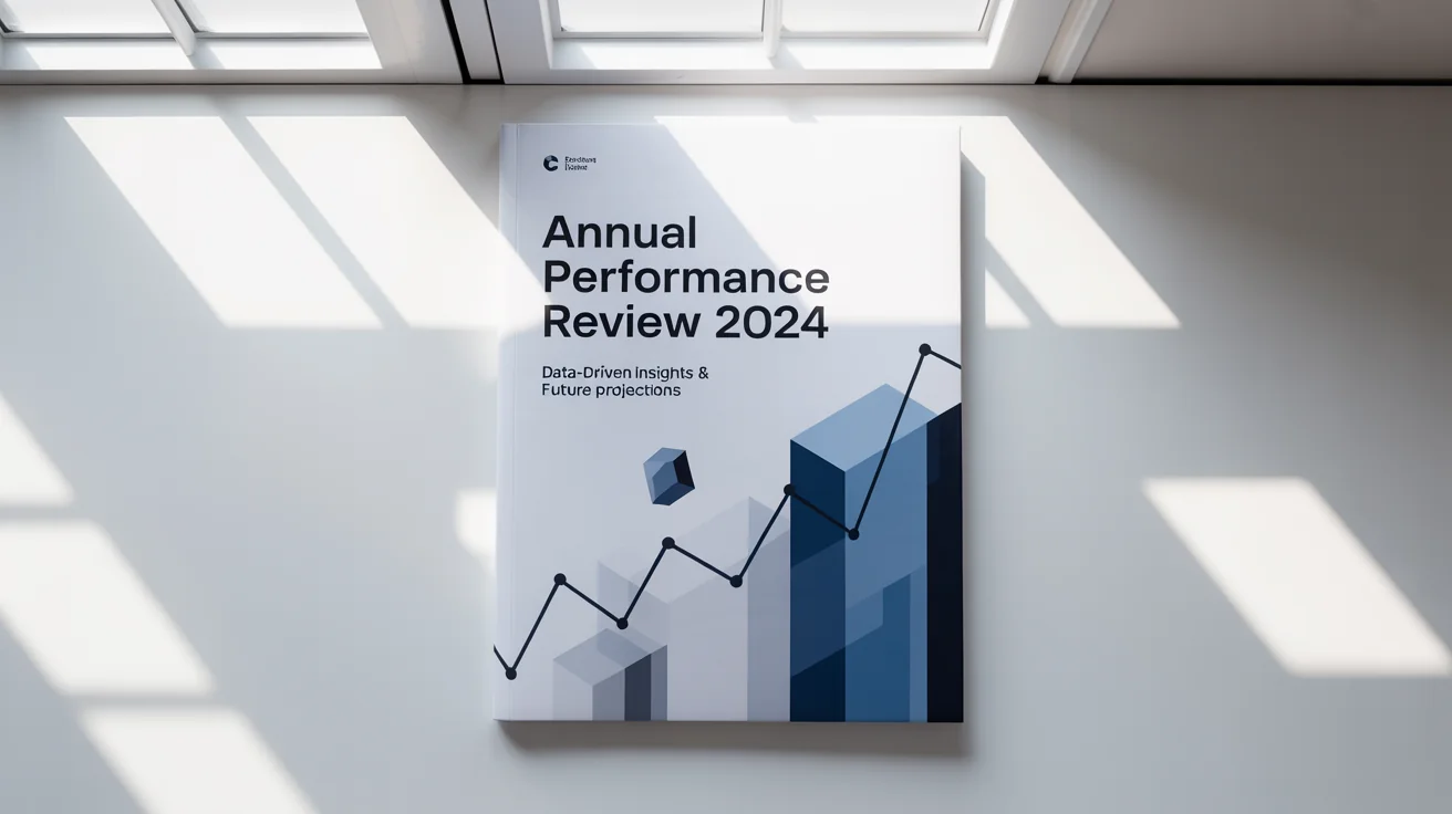 A professionally designed business report cover titled 'Annual Performance Review 2024', featuring a modern blue and gray graphic design with charts and geometric shapes.