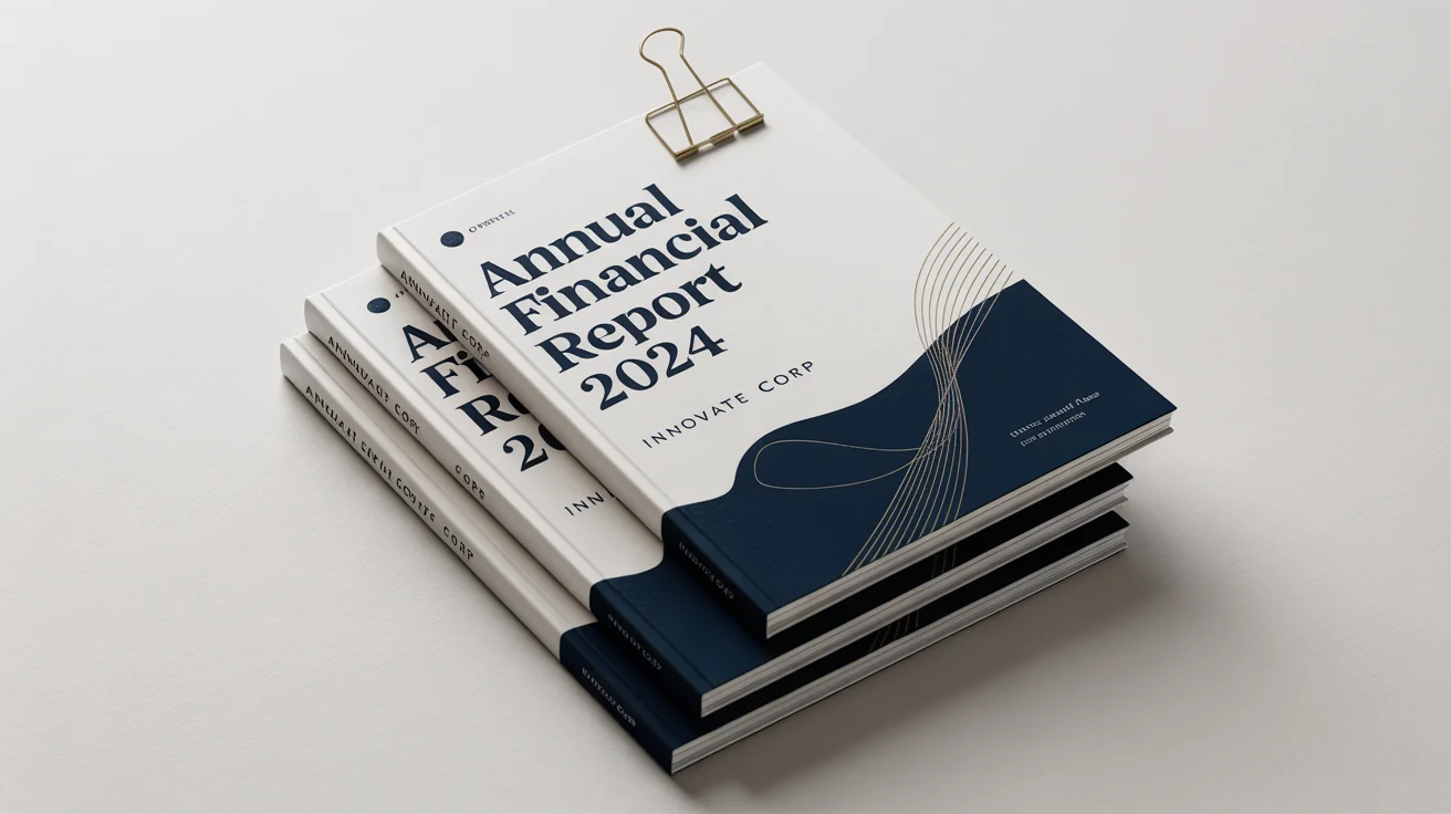 A professional mockup of a stack of three annual financial reports for 'Innovate Corp', featuring a modern navy blue and gold cover design, set against a plain white background.