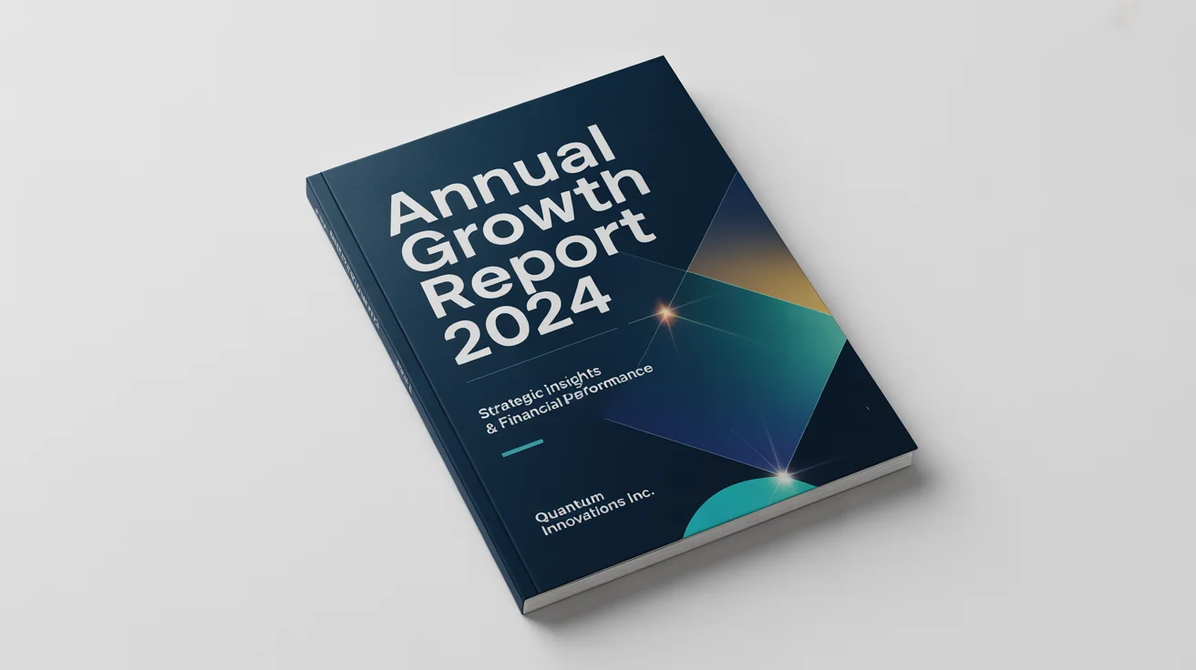 A professionally designed cover for a business report titled 'Annual Growth Report 2024' from 'Quantum Innovations Inc.', featuring a modern geometric design on a white background.