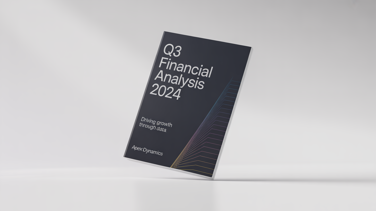 A professional mockup of a report cover titled 'Q3 Financial Analysis 2024' for the company 'Apex Dynamics', featuring a modern navy and grey design, set against a plain white background.