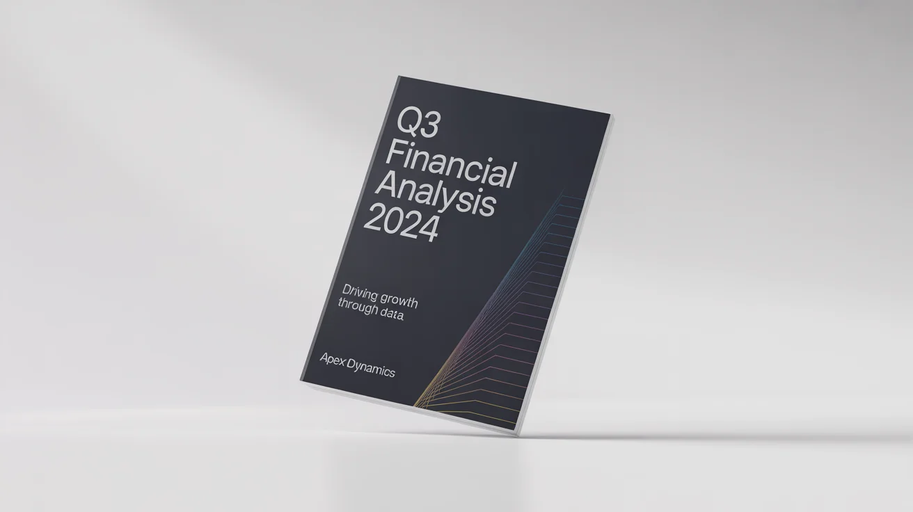 A professional mockup of a report cover titled 'Q3 Financial Analysis 2024' for the company 'Apex Dynamics', featuring a modern navy and grey design, set against a plain white background.