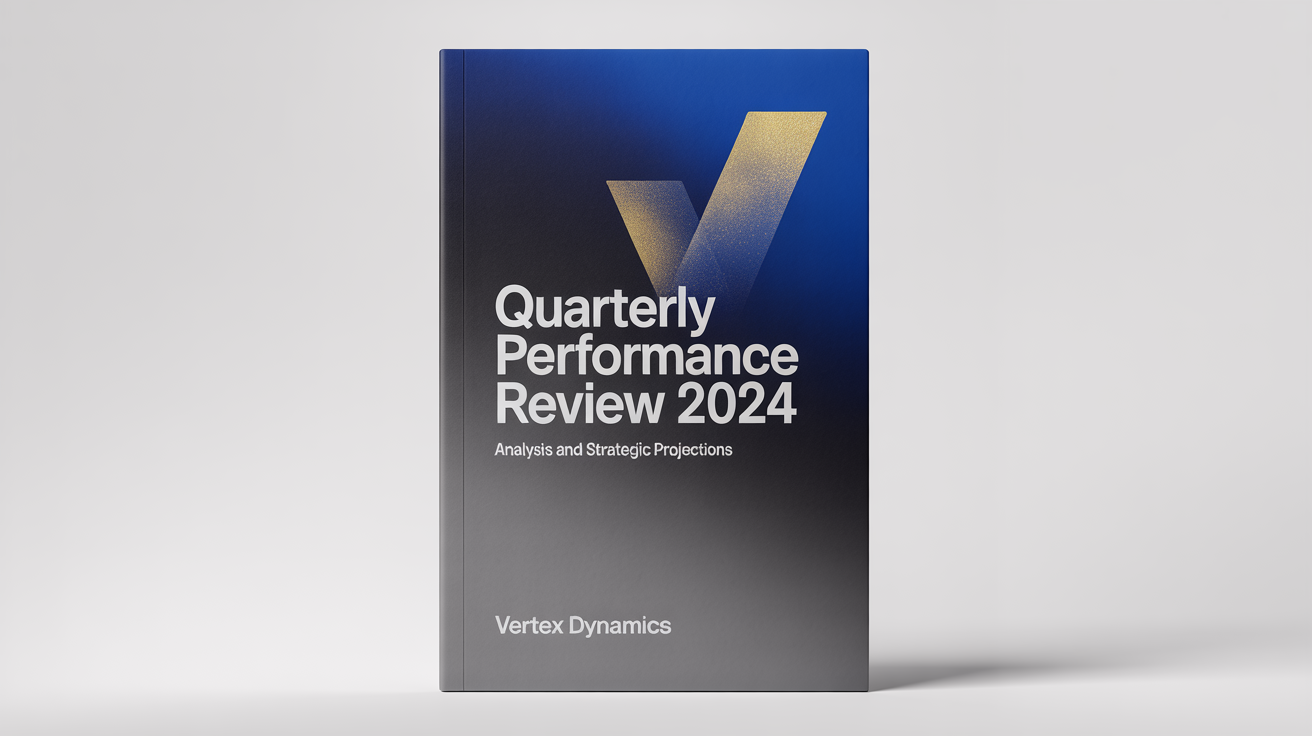 A mockup of a professional report cover titled 'Quarterly Performance Review 2024' for the company 'Vertex Dynamics', featuring a modern geometric design against a white background.