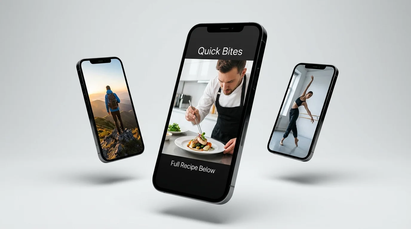 A hero image displaying three smartphones, each showing a different, professionally produced vertical video. The central phone shows a cooking video, flanked by a travel video and a dance video, demonstrating the output of a vertical video creator.