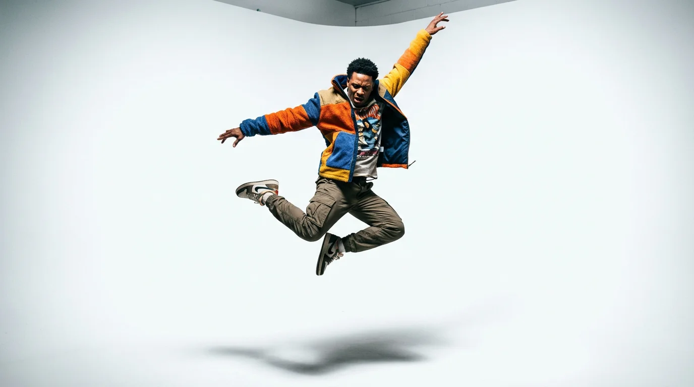A full-body photograph of a male dancer frozen in an athletic mid-air pose against a stark white background, representing dynamic content for a vertical video.