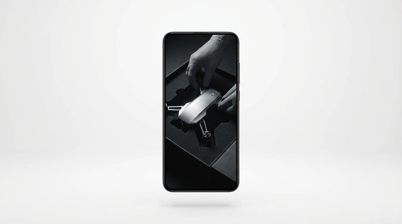 A modern smartphone mockup on a white background, showing a vertical unboxing video of a small drone on its screen.