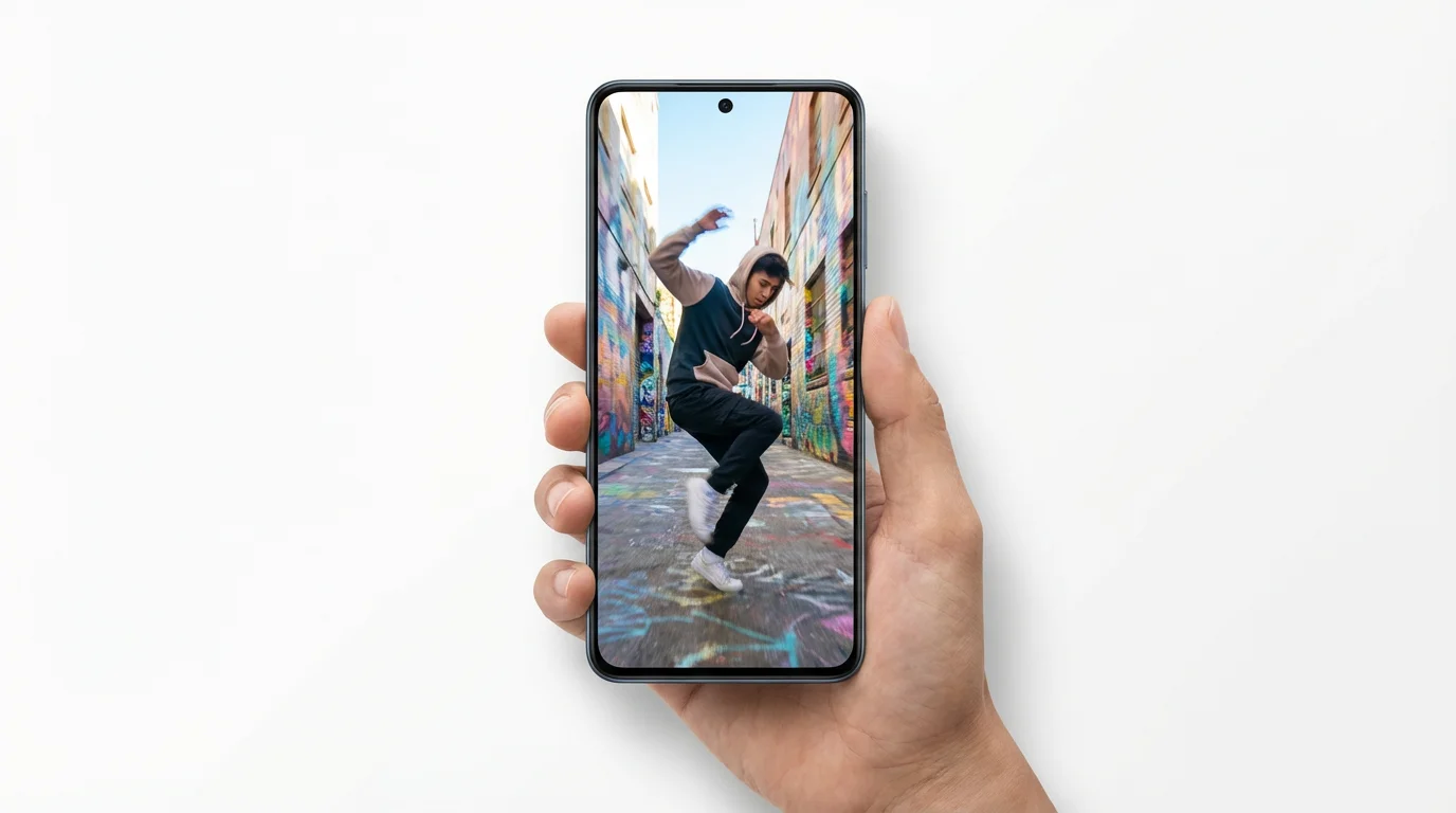 A photorealistic mockup of a hand holding a smartphone vertically against a white background. The phone's screen displays a dynamic vertical video of a person breakdancing.