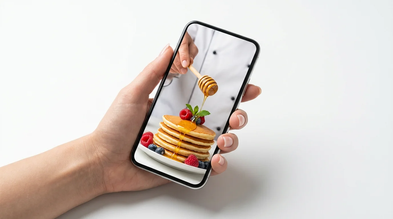A hand holds a modern smartphone against a white background, showing a vertical video of a chef preparing a delicious stack of pancakes.