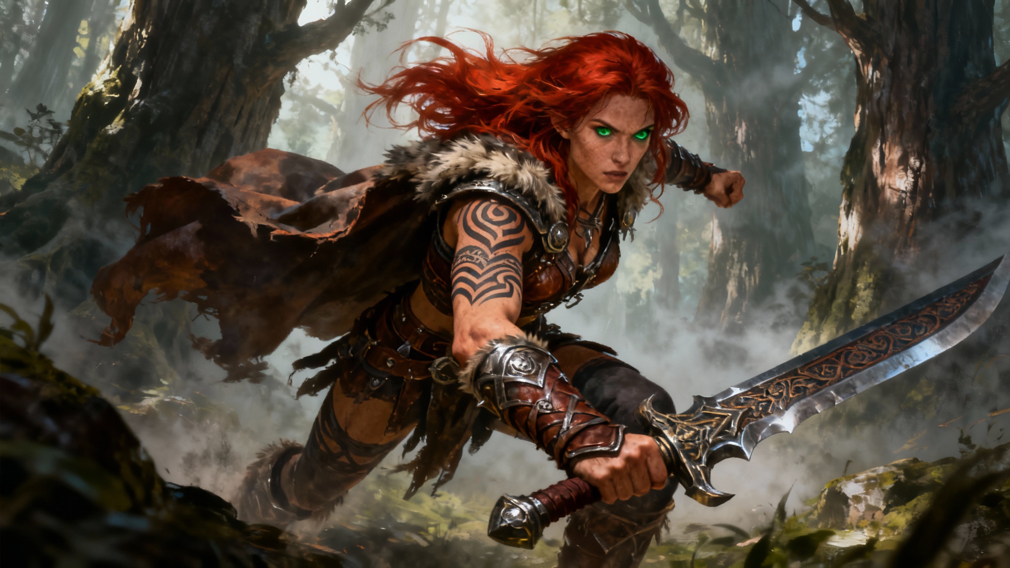 A highly detailed digital painting of a fierce female barbarian with flowing red hair and tribal tattoos, wielding a giant sword in a dynamic pose within a misty, ancient forest.