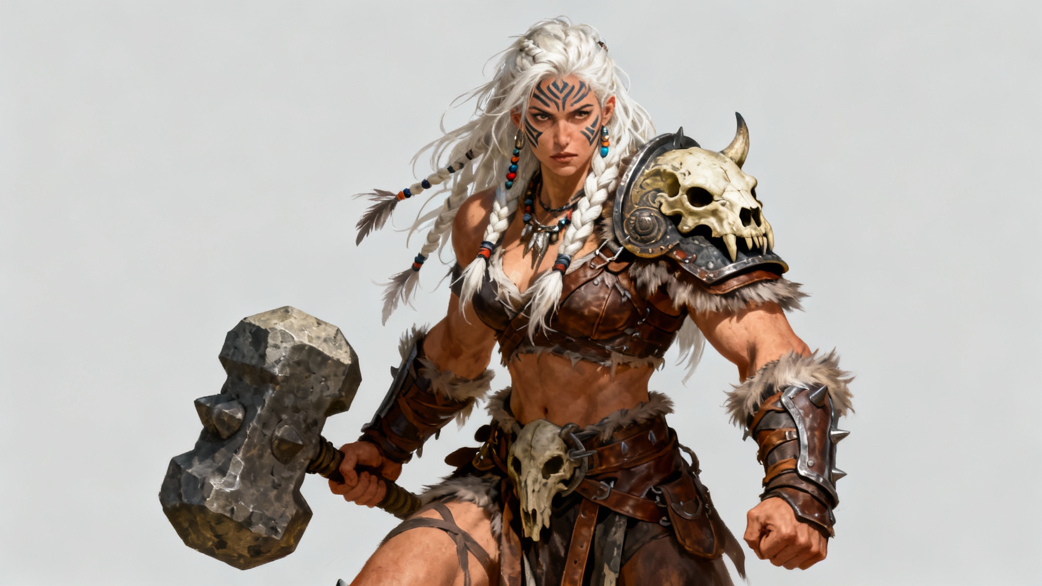 A hyper-detailed digital painting of a powerful female barbarian warrior with white braided hair and tribal tattoos, holding a massive warhammer against a plain background.