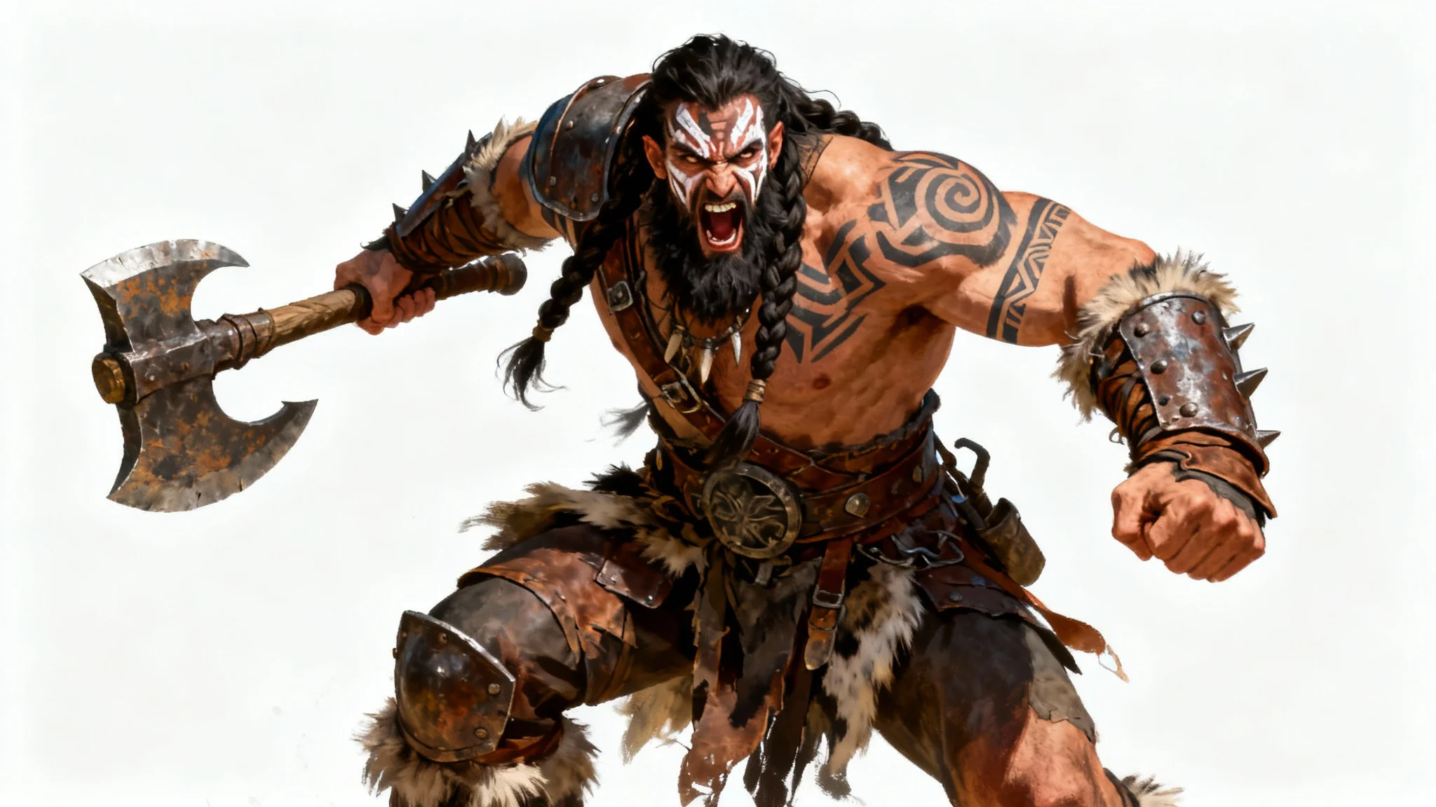 A hyper-realistic digital painting of a muscular barbarian warrior with a long beard and tattoos, roaring as he brandishes a huge battle-axe, isolated against a solid white background.