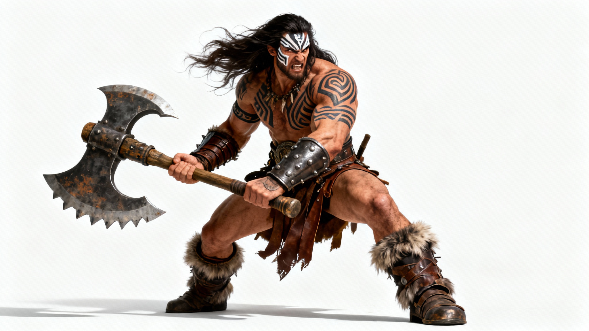 A full-body digital painting of a powerful barbarian warrior with long black hair and tribal tattoos, roaring while holding a massive battle axe against a white background.