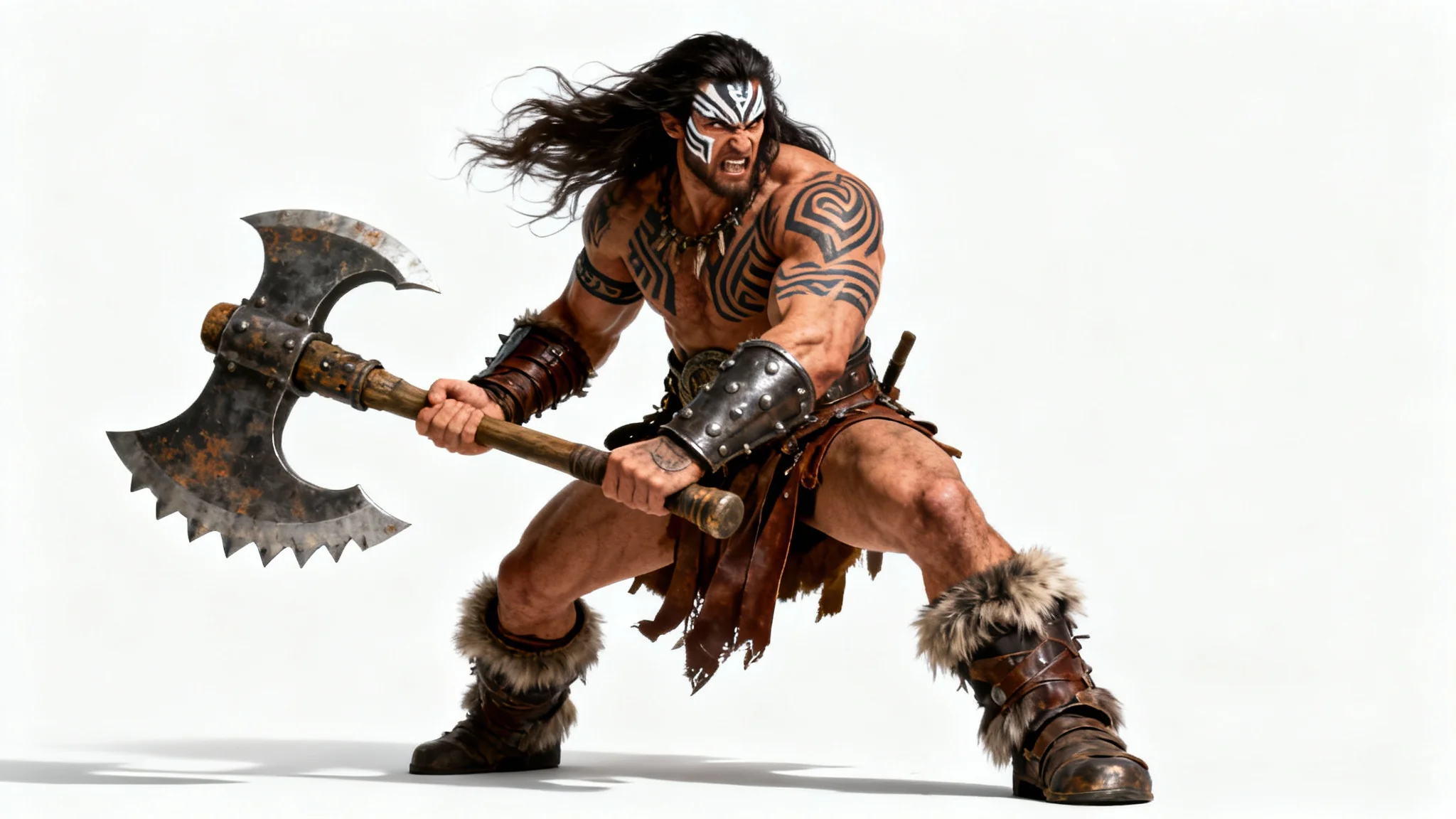 A full-body digital painting of a powerful barbarian warrior with long black hair and tribal tattoos, roaring while holding a massive battle axe against a white background.