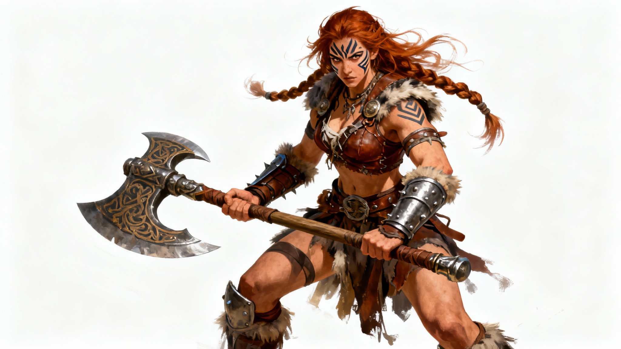 A hyper-realistic digital painting of a strong female barbarian warrior with an ornate battle axe, posing powerfully against a stark white background.