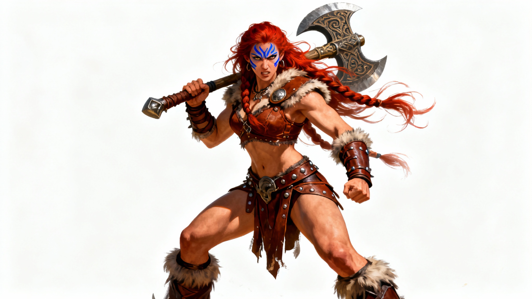 A full-body digital painting of a fierce female barbarian warrior with braided red hair and war paint, holding a large axe on her shoulder against a solid white background.