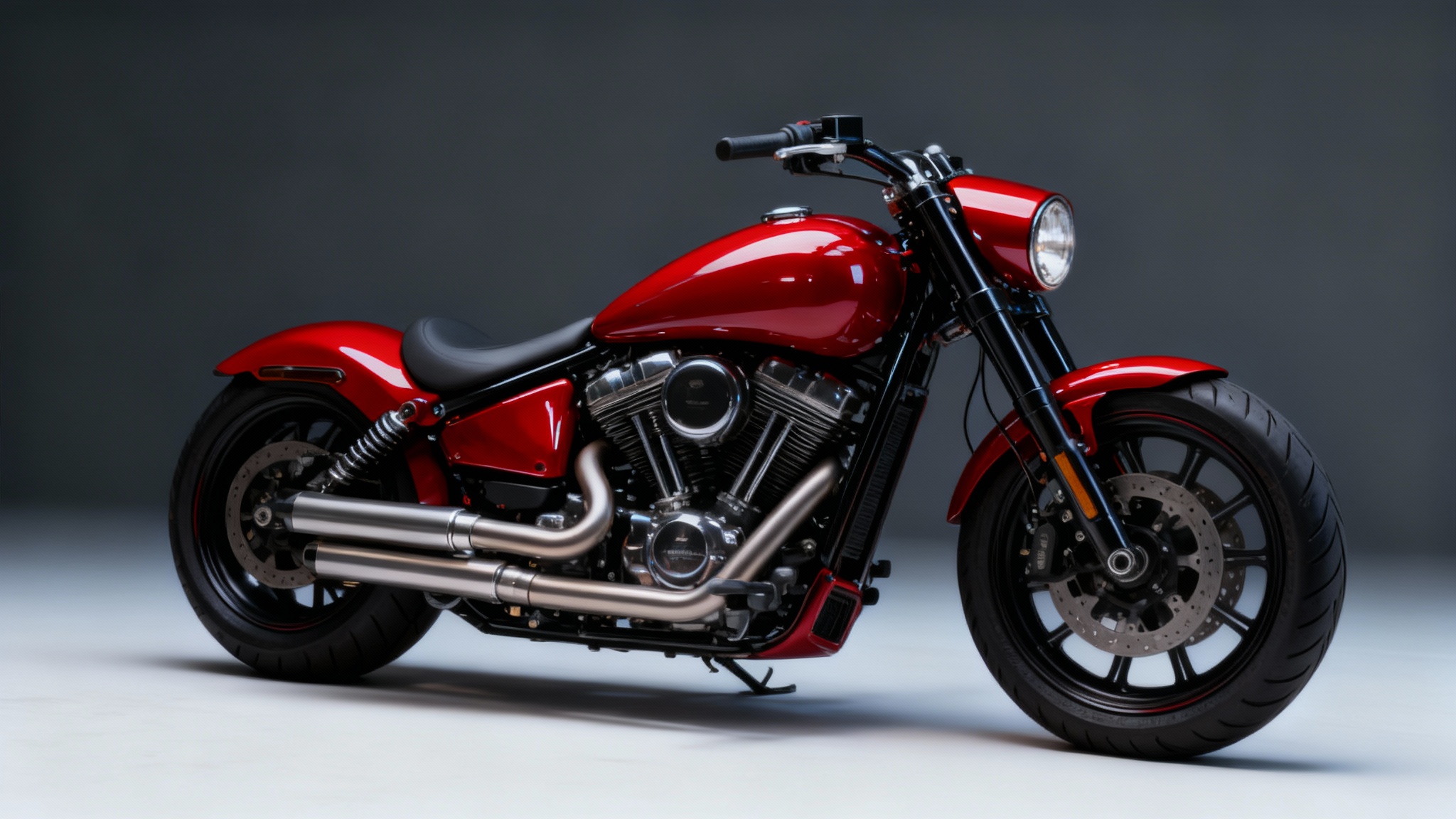 A custom motorcycle in a studio setting, with its engine and exhaust transformed from chrome to a flawless, high-gloss candy apple red, showcasing a professional color change.