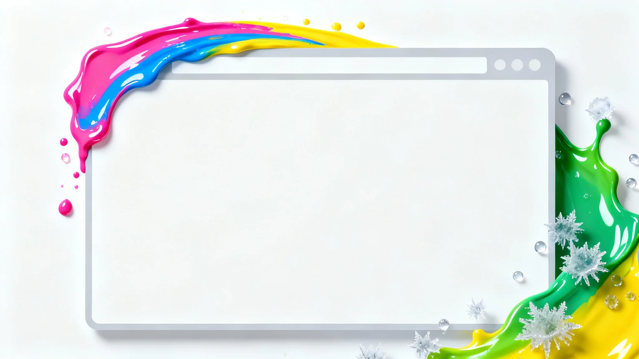 An abstract representation of changing a browser's color, showing a simple browser window frame with a vibrant splash of rainbow-colored paint arcing over it on a white background.