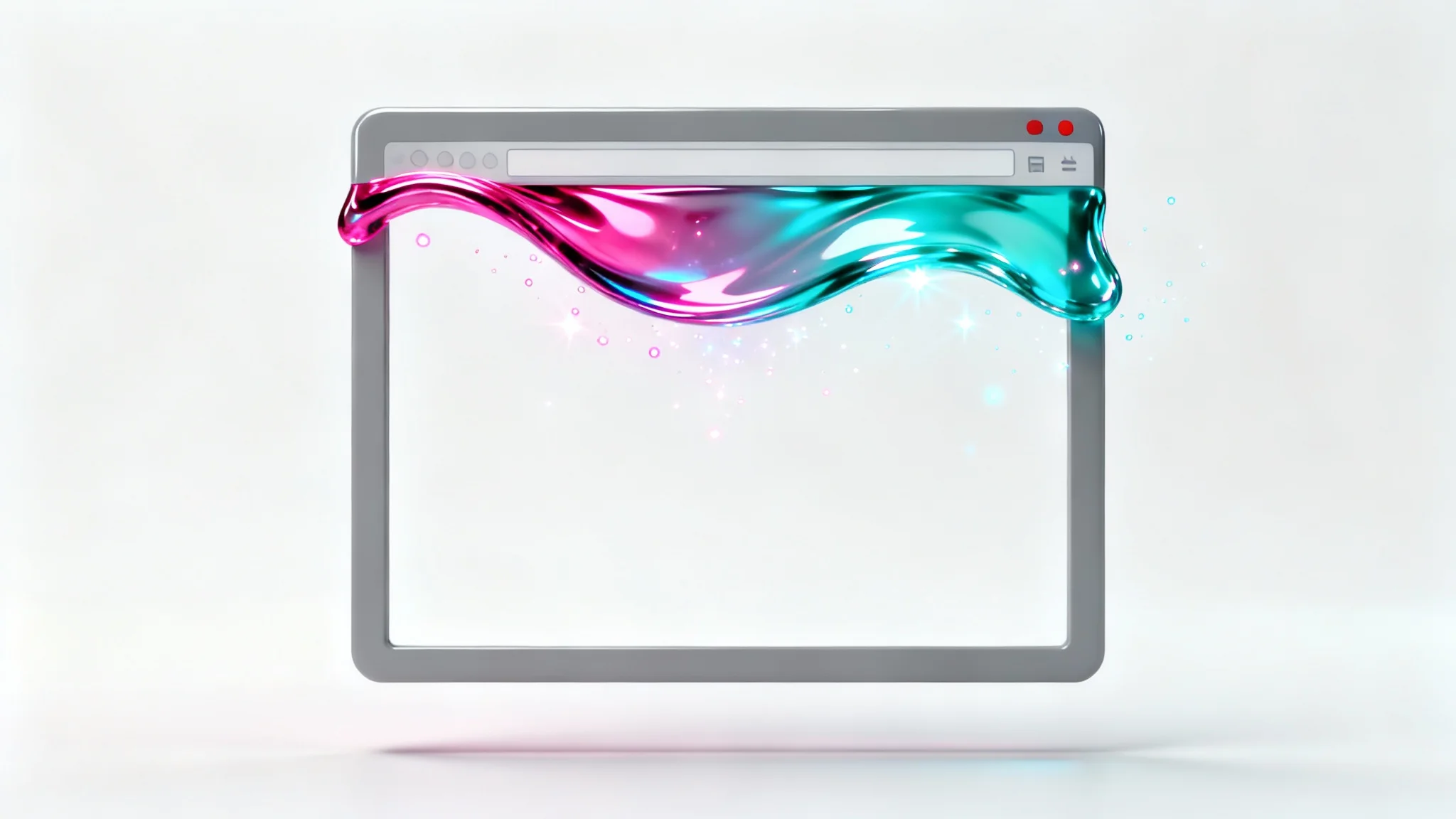 A 3D abstract image showing a minimalist browser window frame on a white background. A wave of iridescent pink and blue color is washing over the top, changing it from gray to colorful, representing color customization.