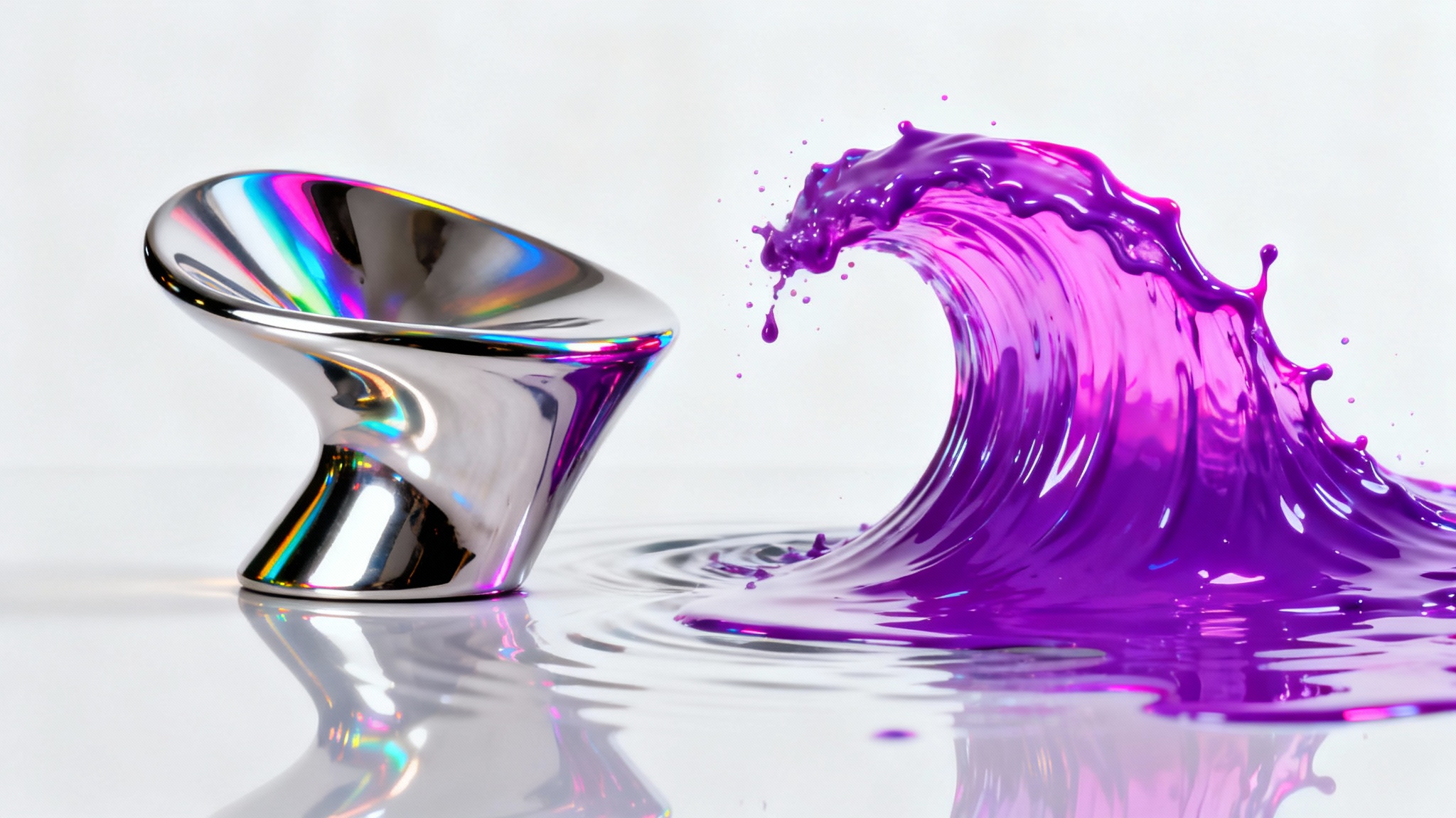 An abstract, highly polished chrome sculpture being partially covered by a wave of liquid purple paint, symbolizing a color change, against a plain white background.