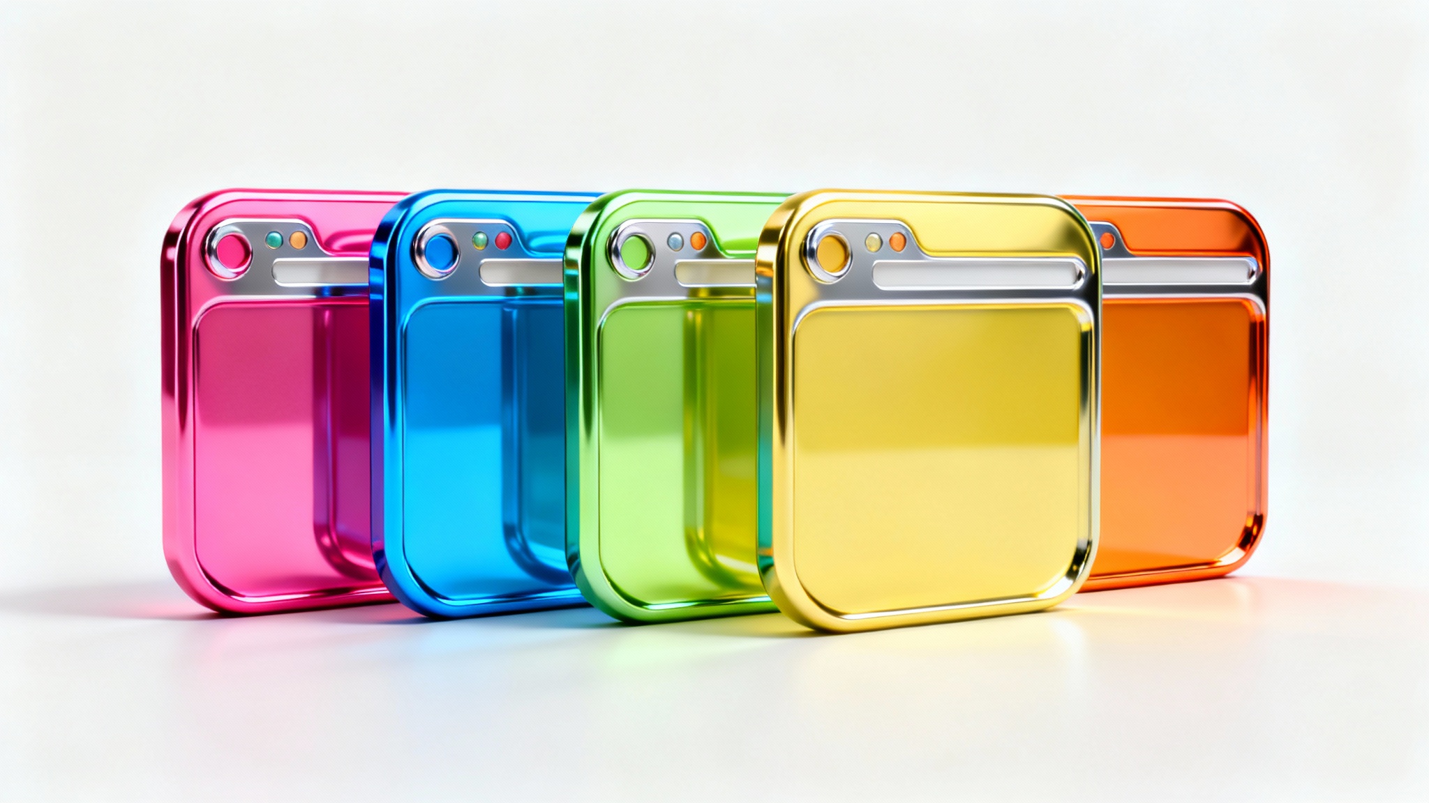A row of five stylized browser icons, each in a different vibrant color from pink to orange, lined up on a clean white background, representing browser color customization.