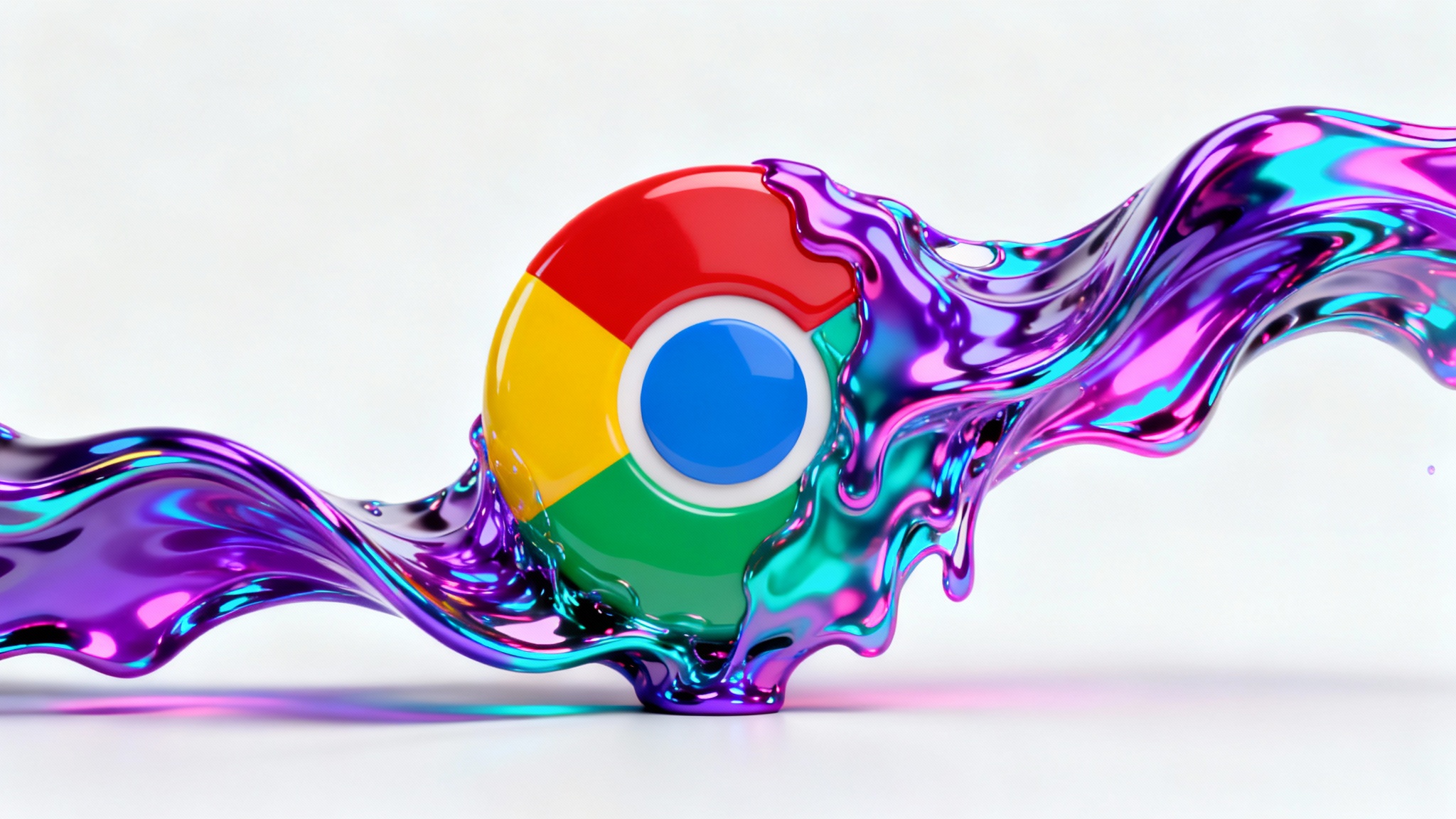 An abstract 3D rendering of the Google Chrome logo being transformed by a wave of vibrant purple and cyan liquid, symbolizing a color change, on a white background.
