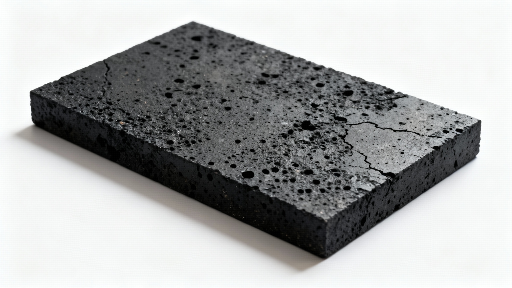 A photorealistic swatch of a dark charcoal texture, shown at an angle on a clean white background to highlight its gritty, porous surface.