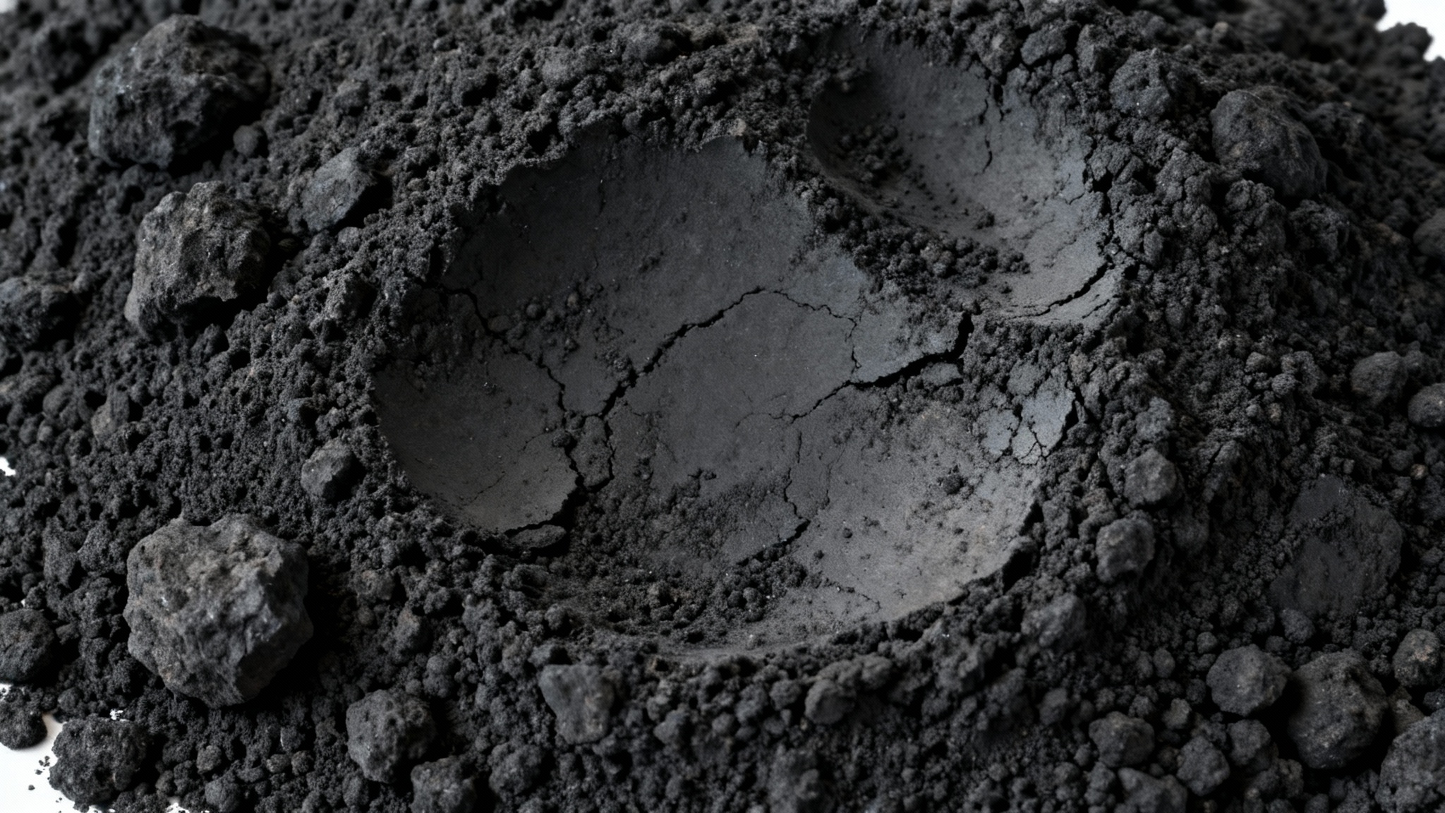 A hyper-realistic, close-up image of a dark charcoal texture, showcasing its rough, grainy surface and deep black color in a minimalist style.