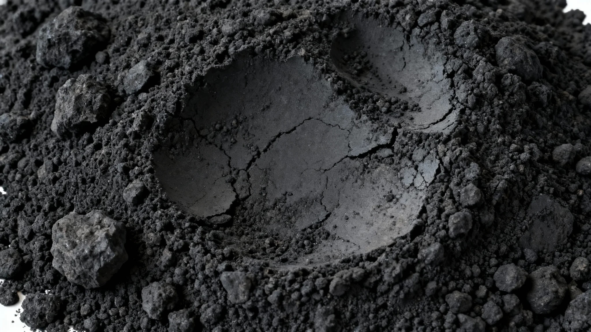A hyper-realistic, close-up image of a dark charcoal texture, showcasing its rough, grainy surface and deep black color in a minimalist style.