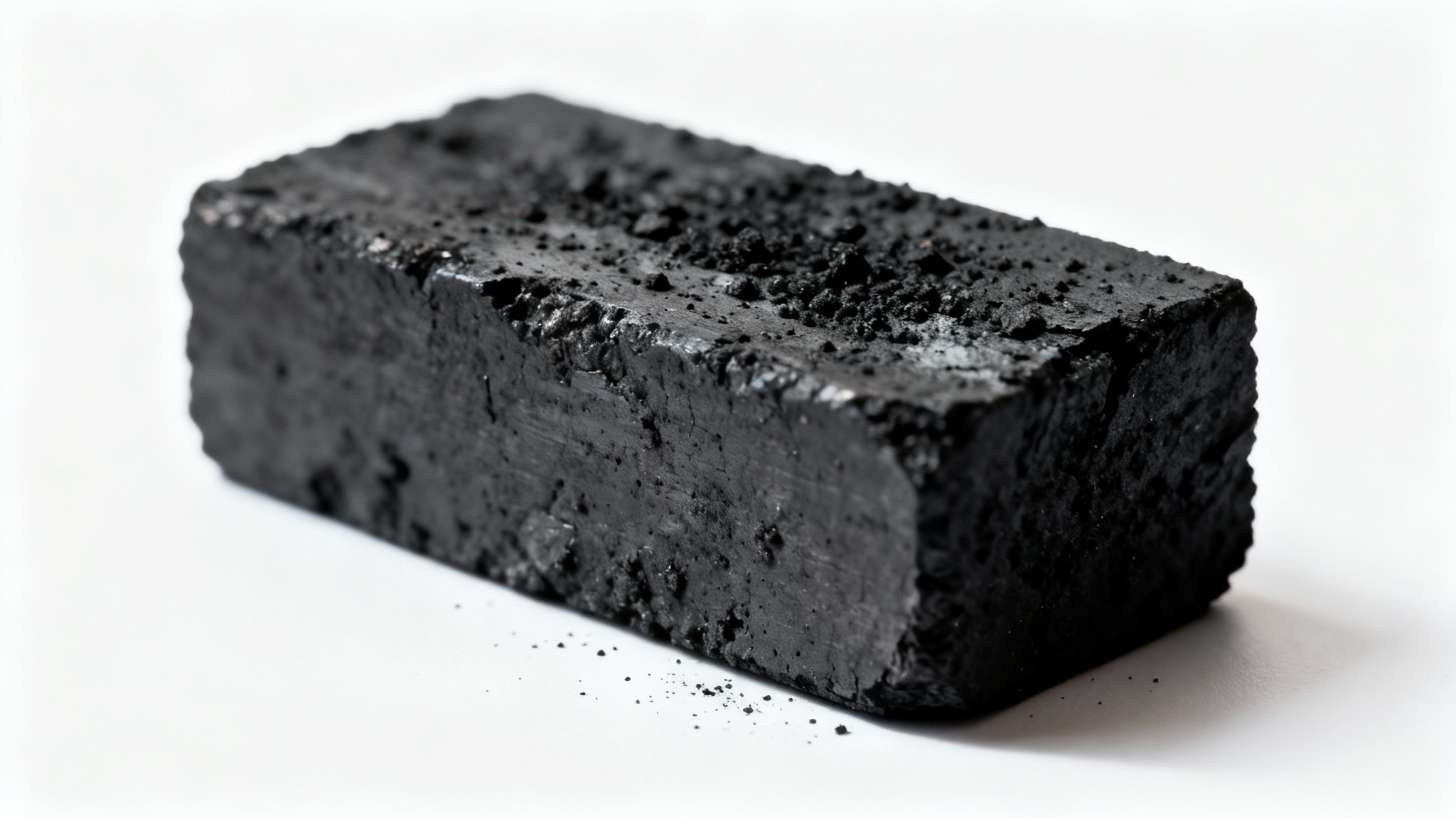 A close-up, photorealistic image of a dark charcoal texture, highlighting its gritty, porous surface and subtle gray tones against a clean white background.