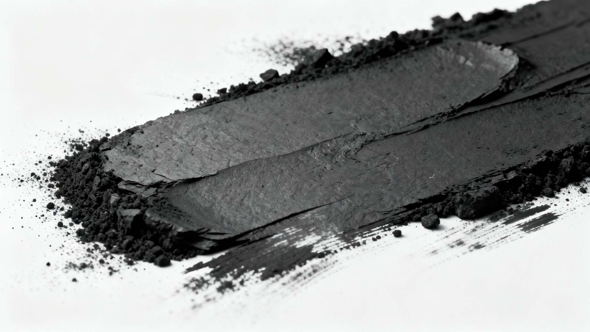 A close-up, detailed photograph of a dark charcoal texture, showcasing its rough, grainy surface against a stark white background.