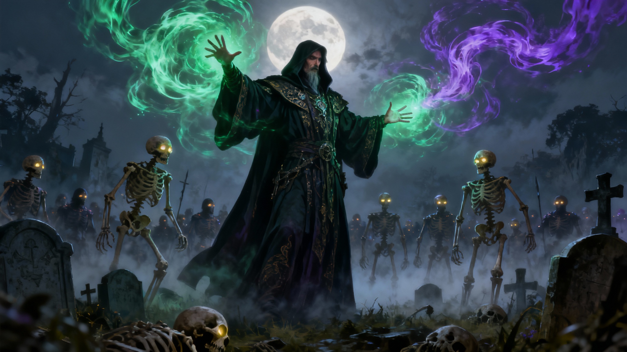 An epic digital painting of a necromancer in dark robes, using green and purple magic to raise an army of skeletons in a moonlit graveyard.