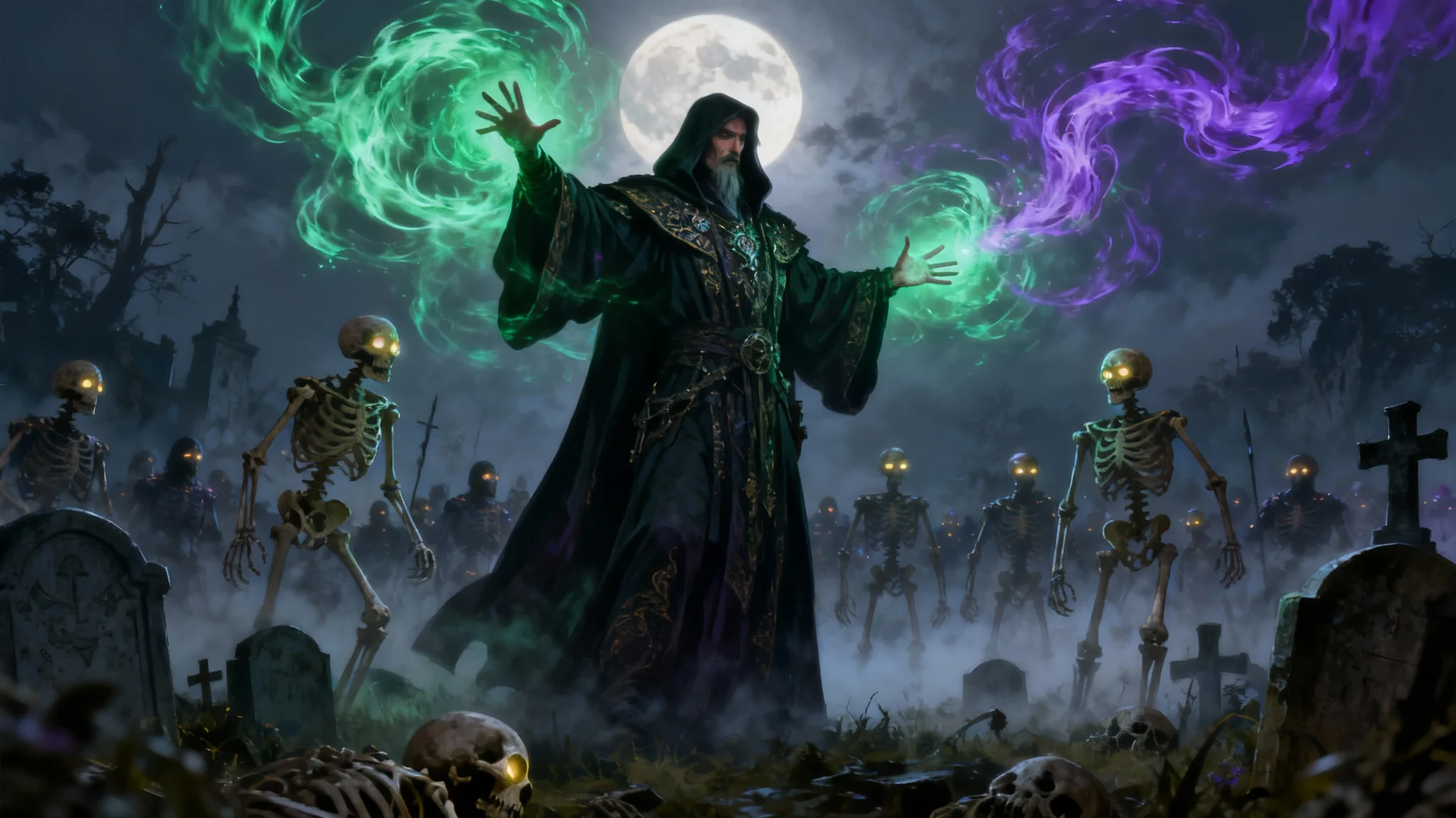An epic digital painting of a necromancer in dark robes, using green and purple magic to raise an army of skeletons in a moonlit graveyard.