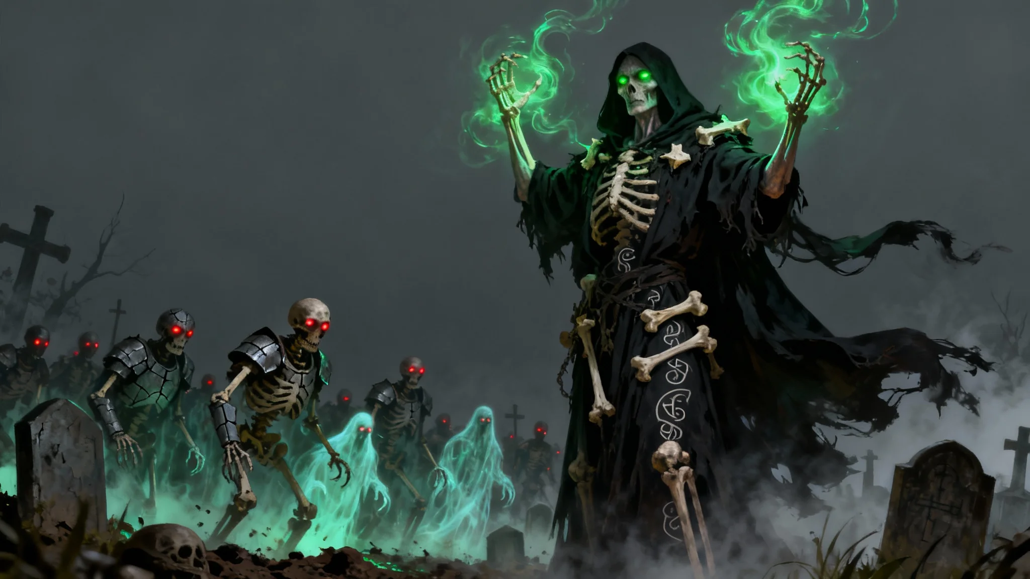 A hyper-detailed digital painting of a powerful necromancer in dark robes, raising an army of skeletons in a misty graveyard, with green magical energy glowing from their hands and eyes.