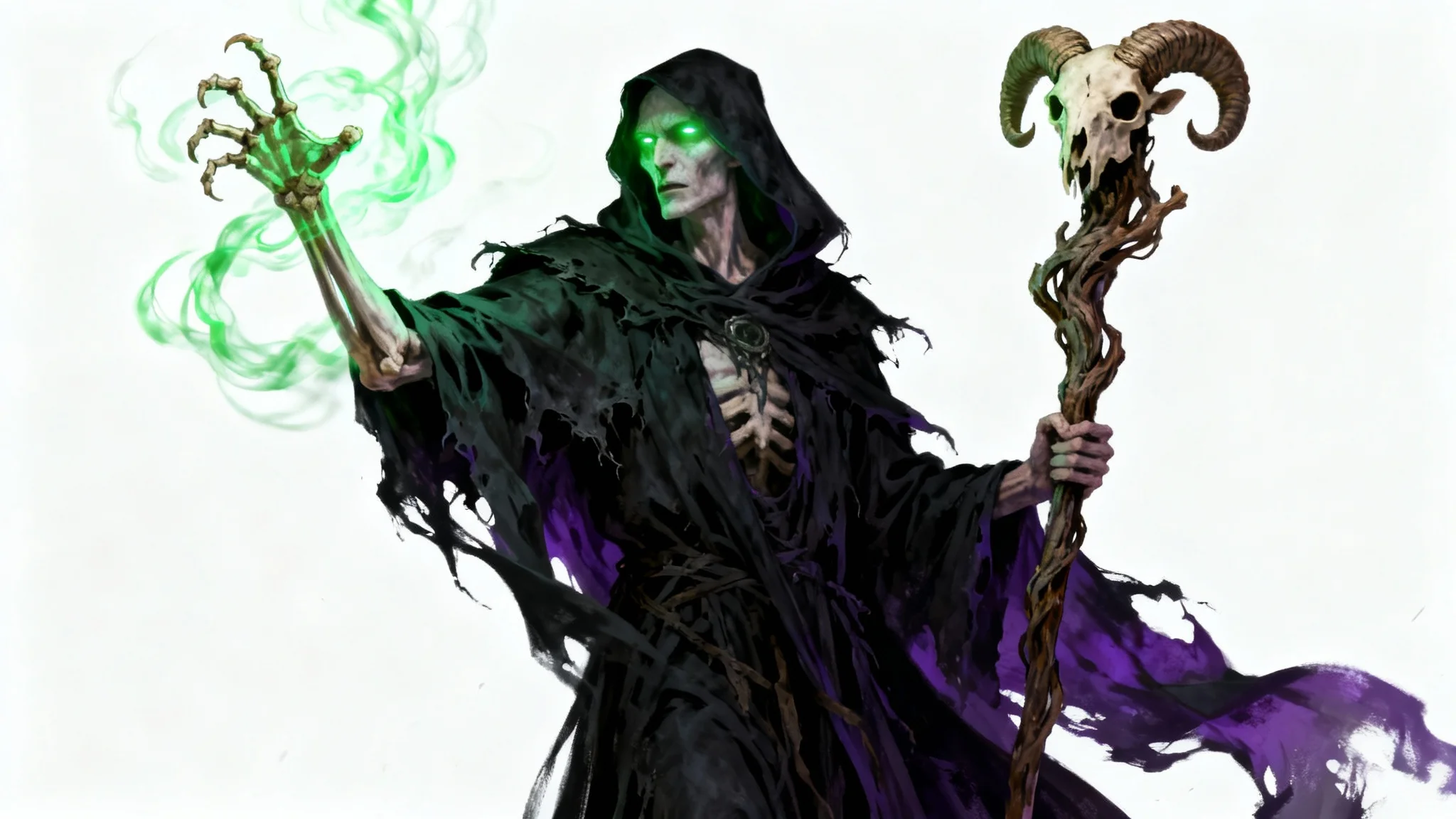 A dark fantasy digital painting of a powerful necromancer with glowing green eyes, casting a spell against a plain white background.