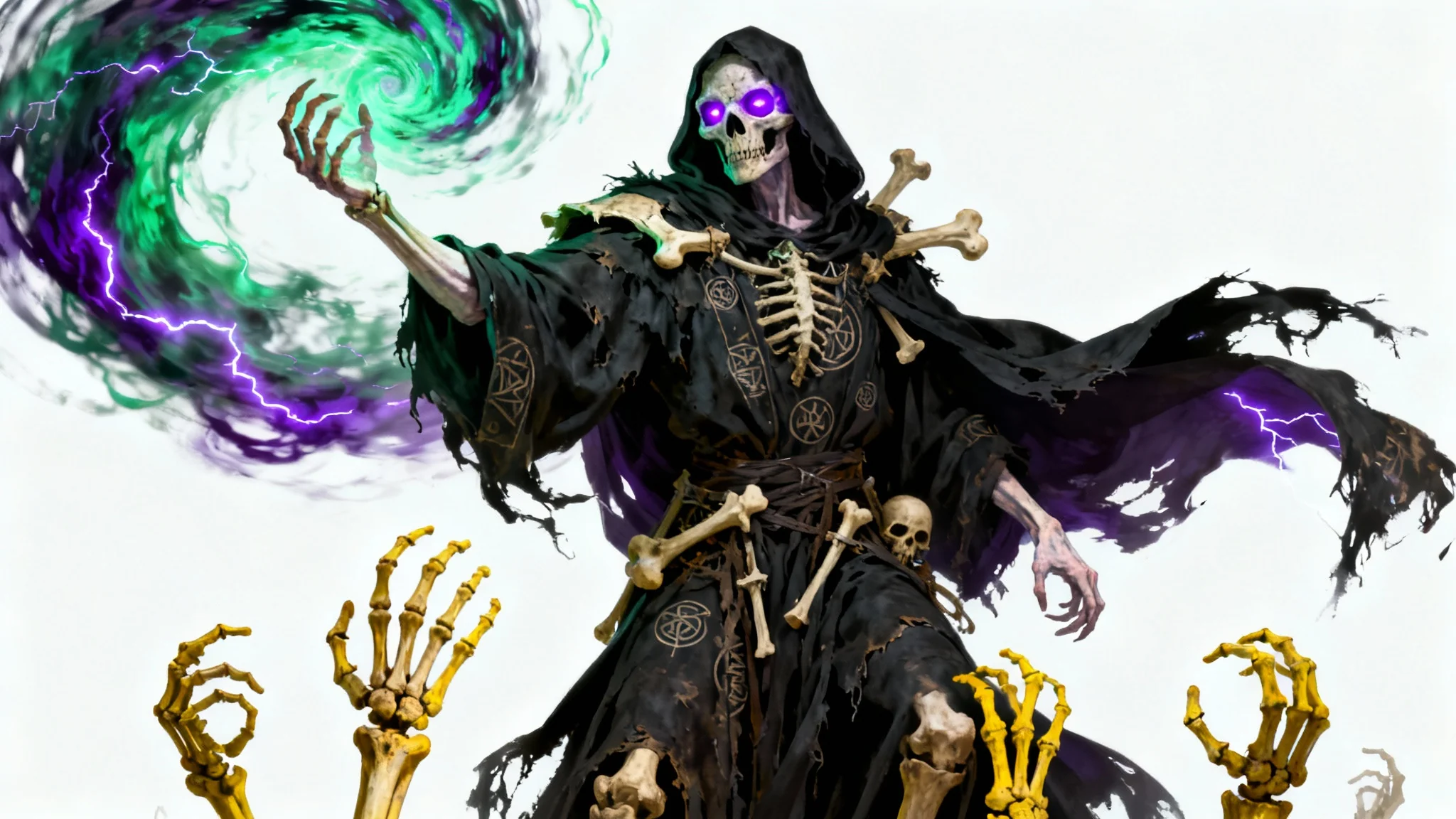 A hyper-detailed digital art piece of a necromancer in black robes and a skull mask, casting a green and purple spell as skeletal hands rise up, all set against a clean white background.