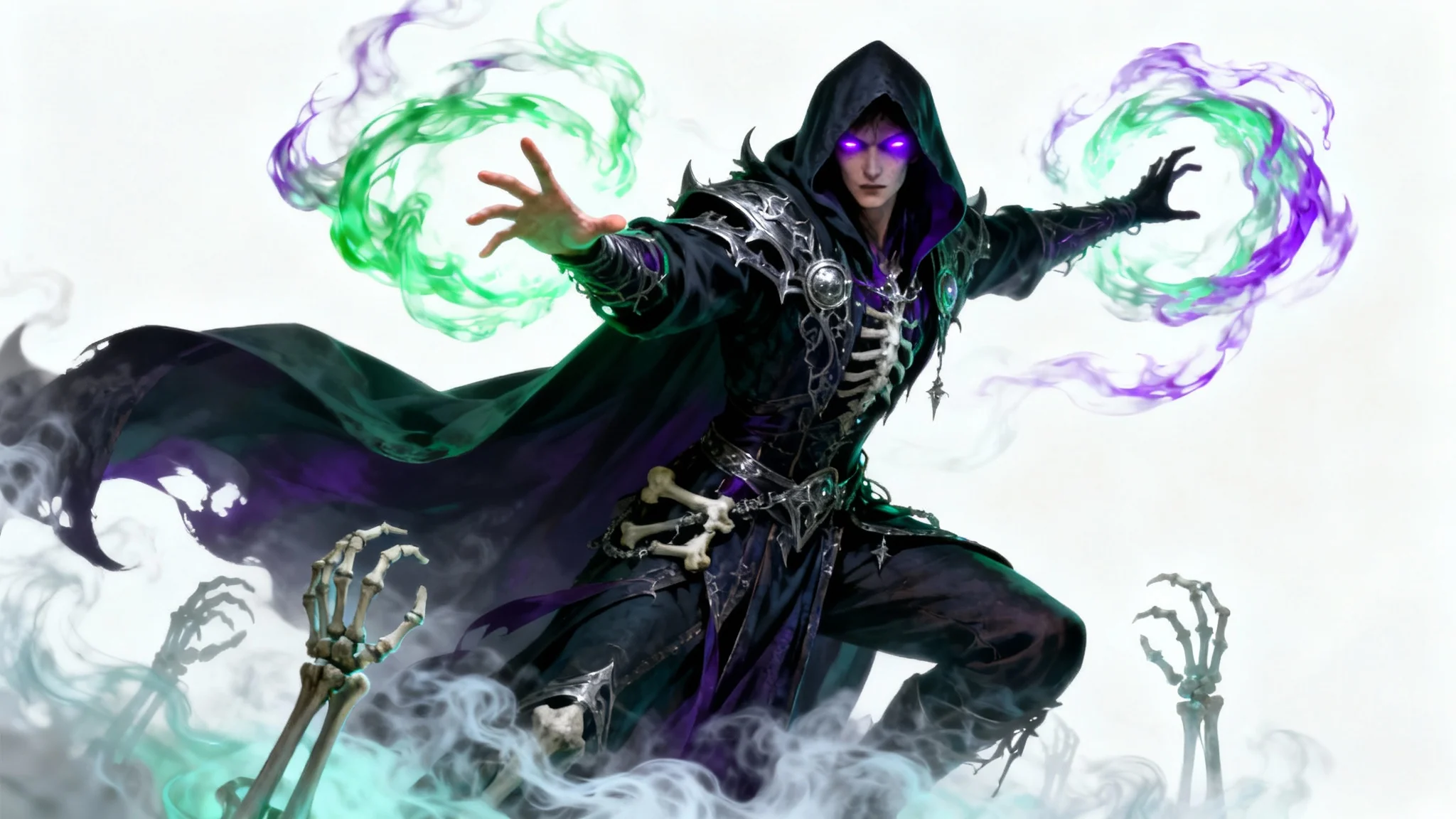 A digital painting of a powerful necromancer in dark robes, with glowing purple eyes, conjuring magic against a plain white background. Ghostly hands rise from mist at their feet.