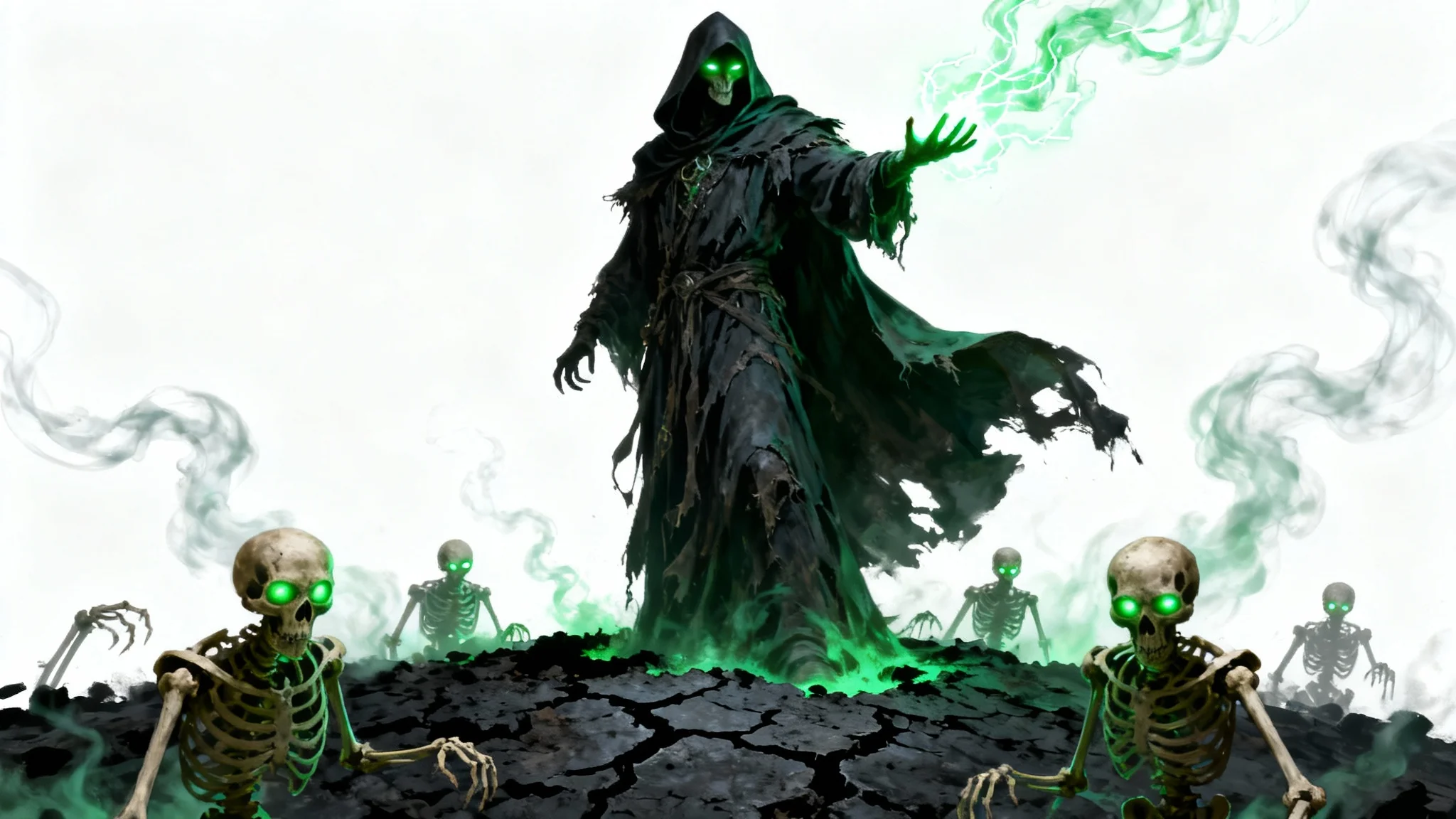 A powerful necromancer in dark robes with glowing green eyes, raising skeletal warriors from the ground against a white background.