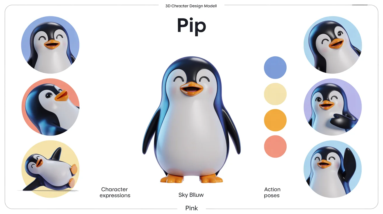 A professional 3D character design sheet for a cute cartoon penguin, showcasing various expressions, action poses, and a color palette on a clean white background, presented in a polished animation style.