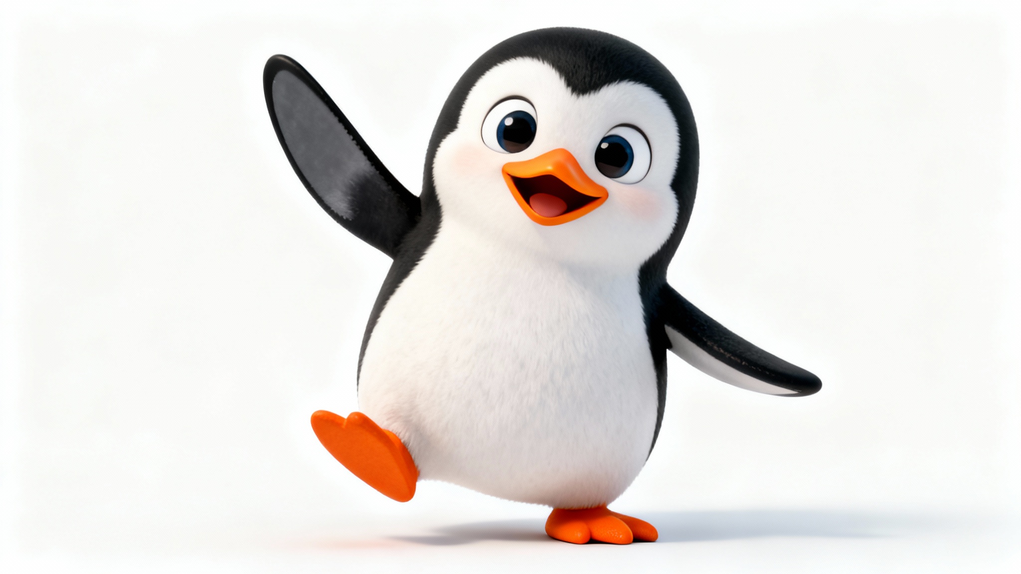 A 3D animated, cute penguin character with large expressive eyes, waving its flipper against a plain white background.