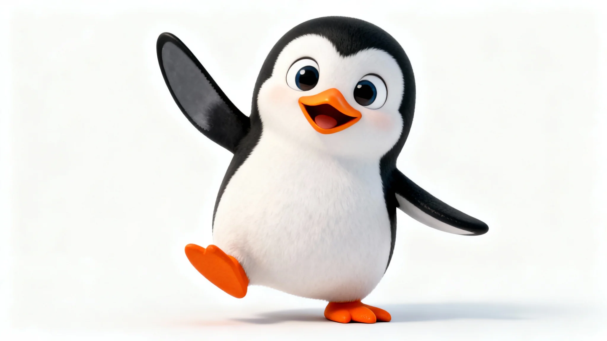 A 3D animated, cute penguin character with large expressive eyes, waving its flipper against a plain white background.