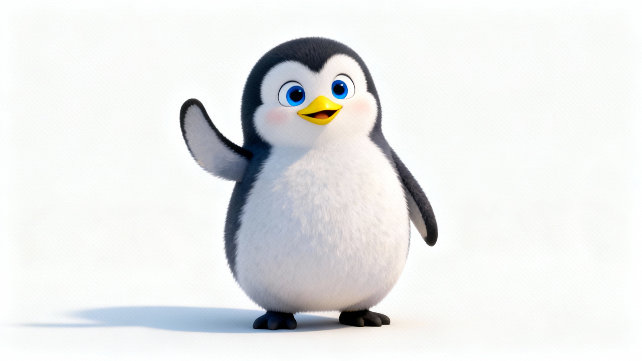A cute 3D animated penguin character with big blue eyes, waving one flipper against a plain white background.