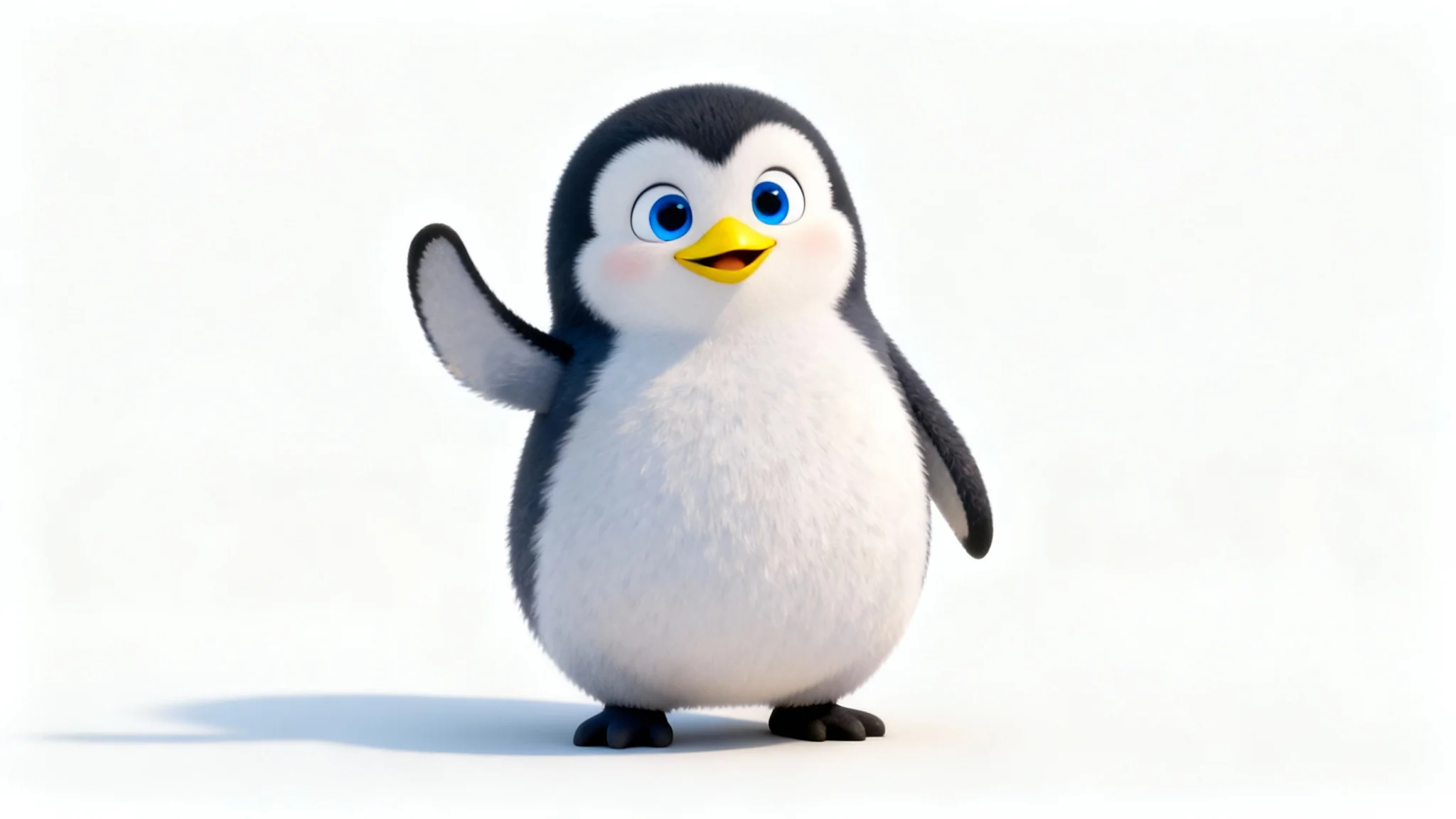 A cute 3D animated penguin character with big blue eyes, waving one flipper against a plain white background.