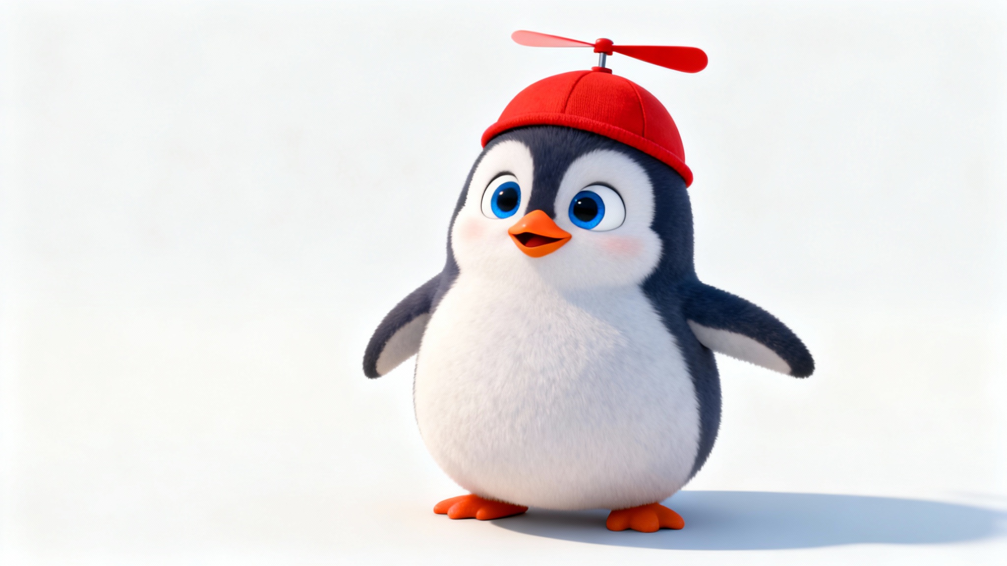 A cute 3D-animated penguin character wearing a small red propeller hat, standing on a clean white background.